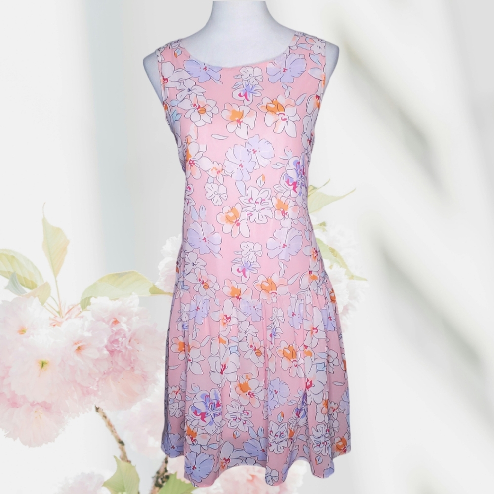 Pastel Pink Floral Lightweight Drop Waist Midi Dress